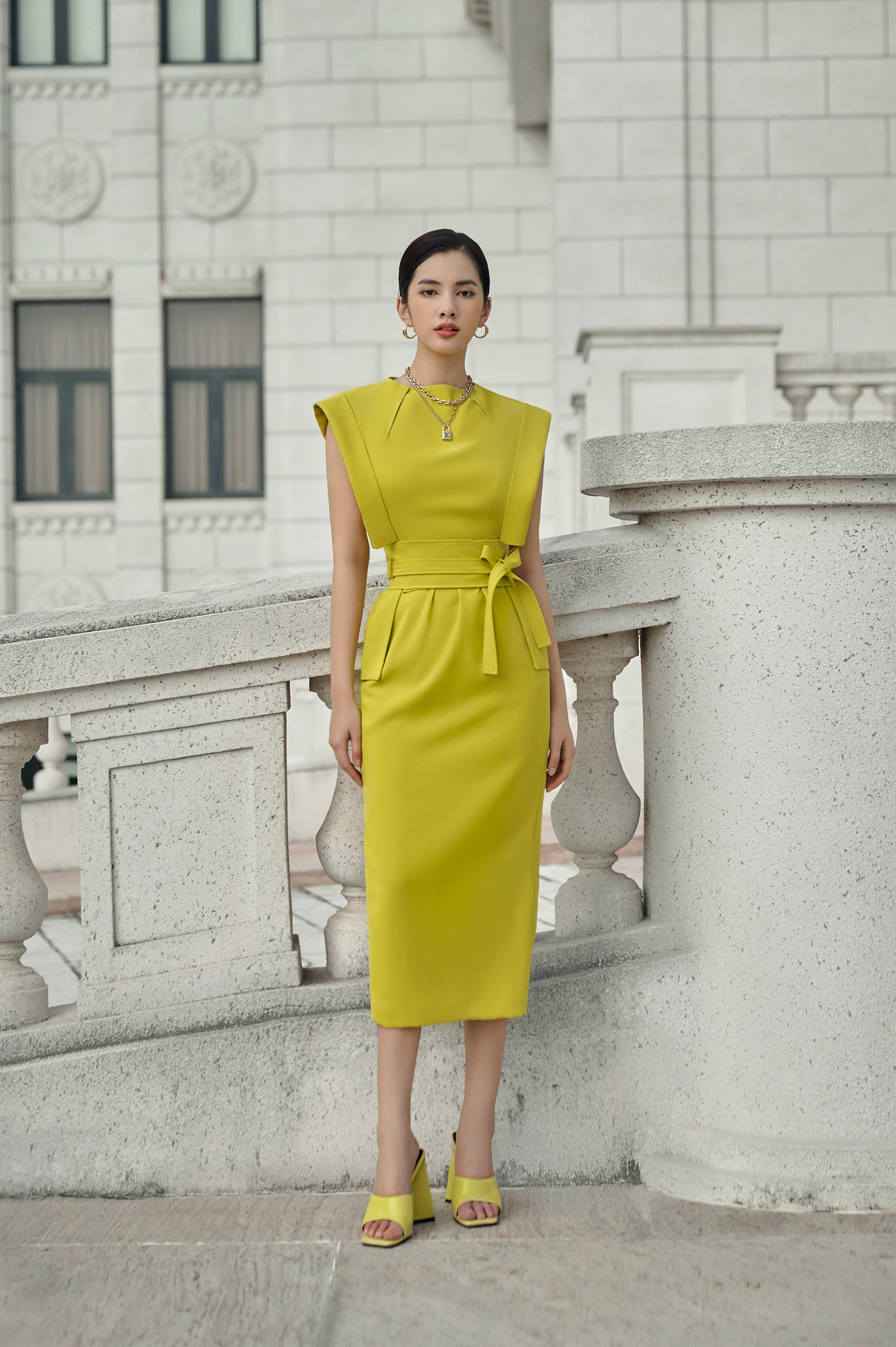 Harper Olive Square Shoulder Pencil Dress