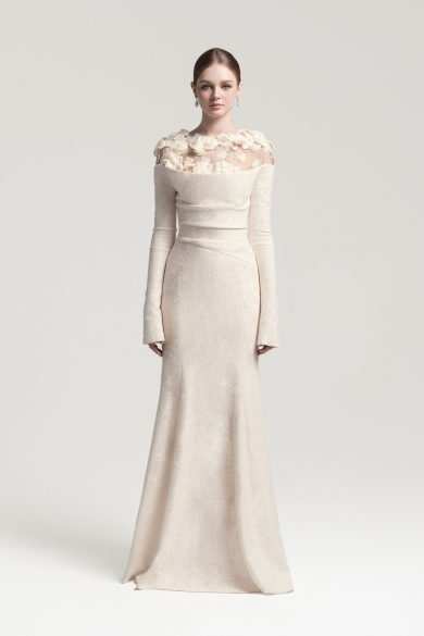 Celestia Draped Crystal Midi Dress in Cream