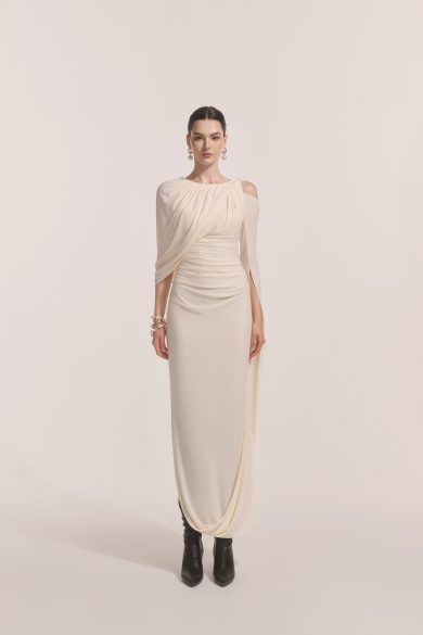 Orion Draped Shoulder Dress in Cream