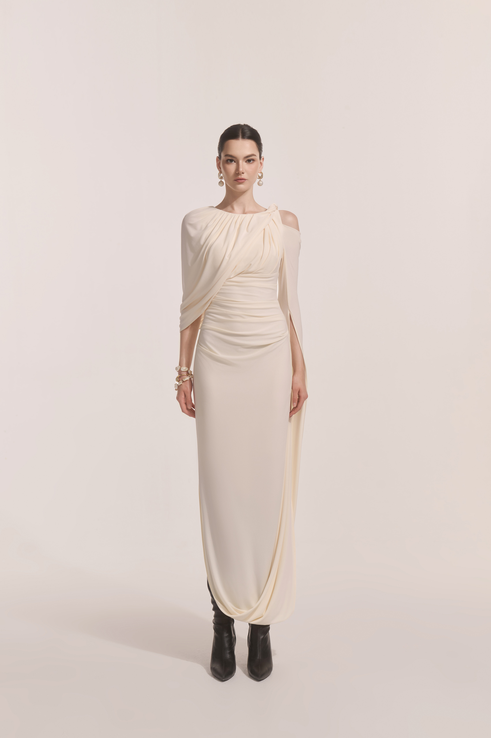 Orion Draped Shoulder Dress in Cream