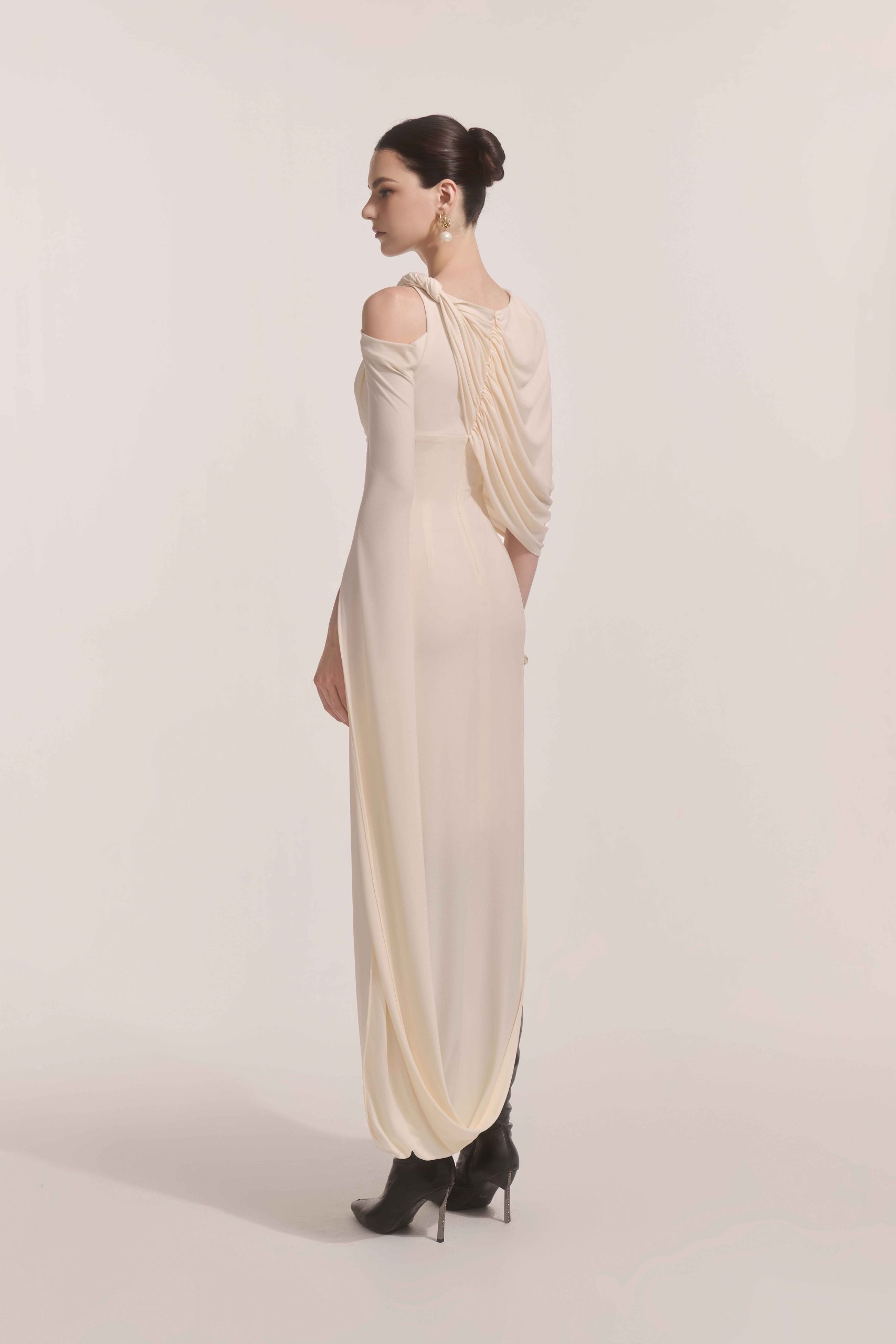 Orion Draped Shoulder Dress in Cream - Image 5