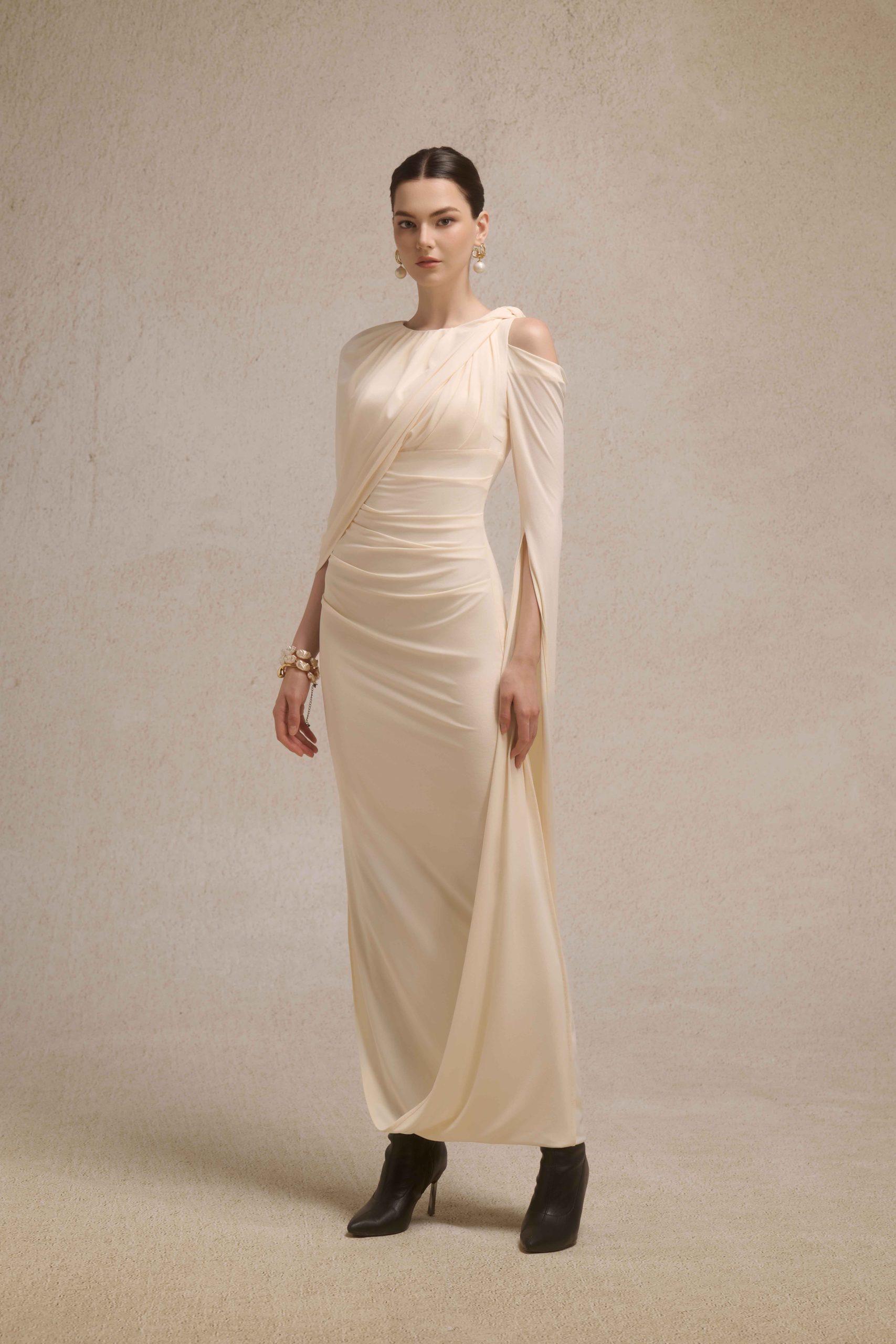 Orion Draped Shoulder Dress in Cream - Image 4