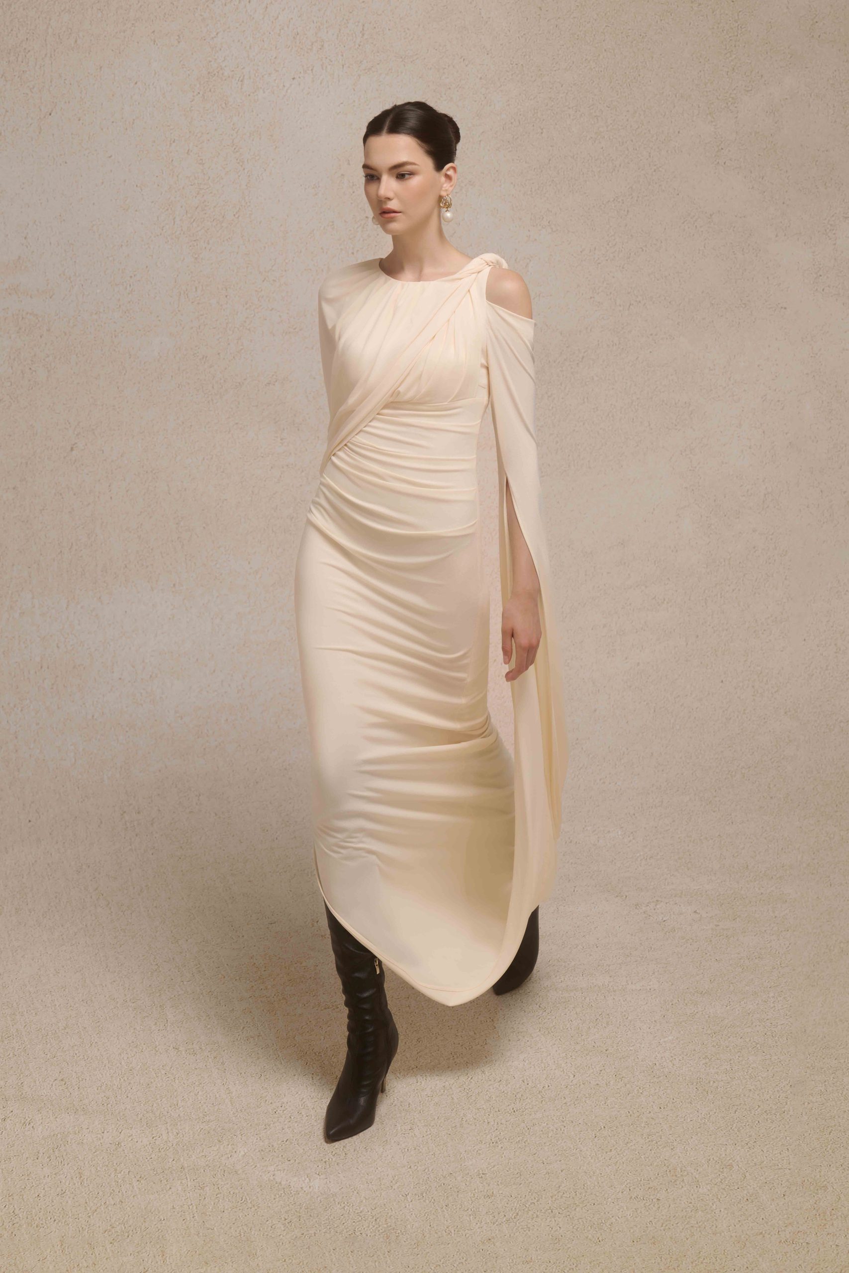 Orion Draped Shoulder Dress in Cream - Image 2