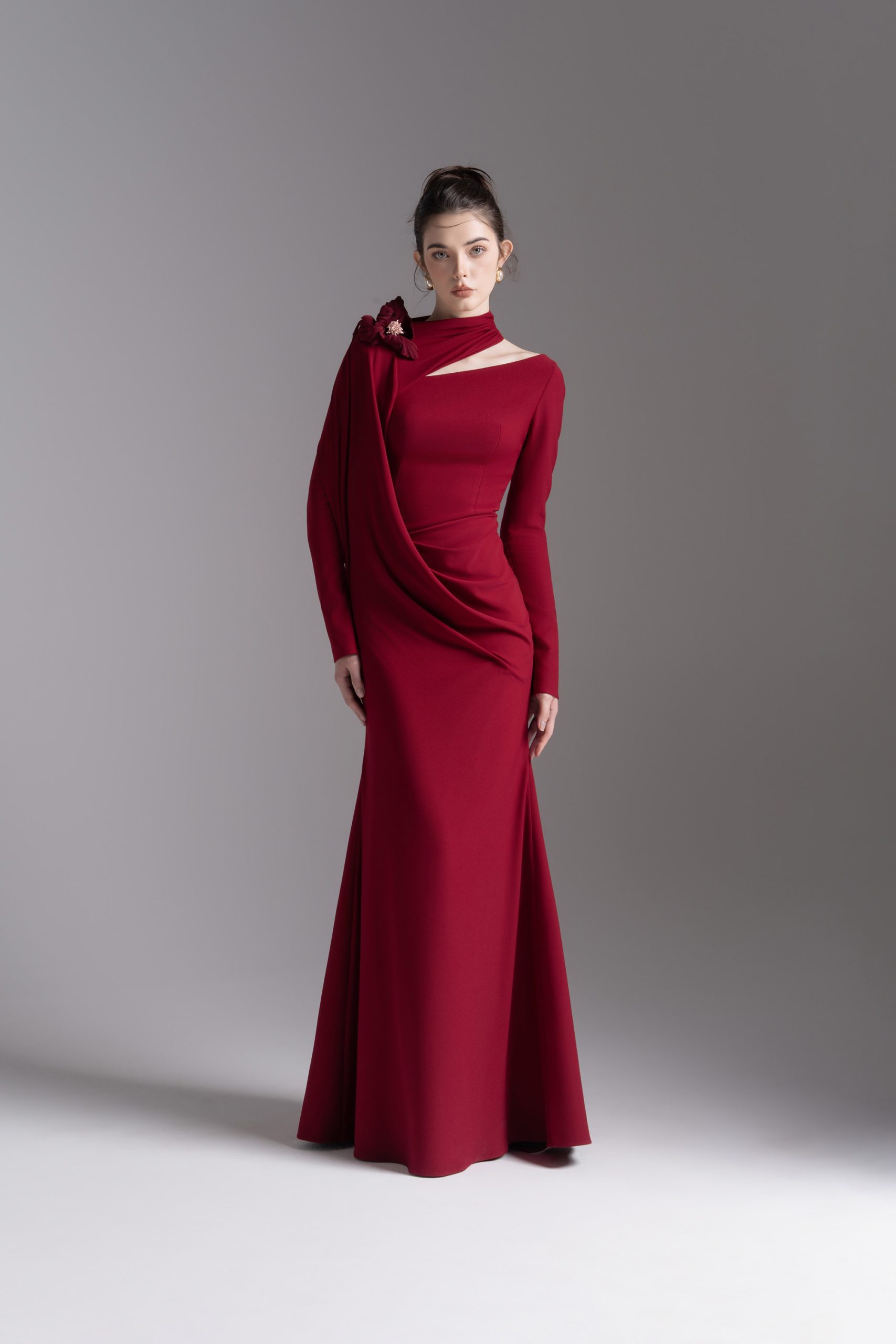 Bloom Asymmetry Dress in Dark Ruby - Image 9