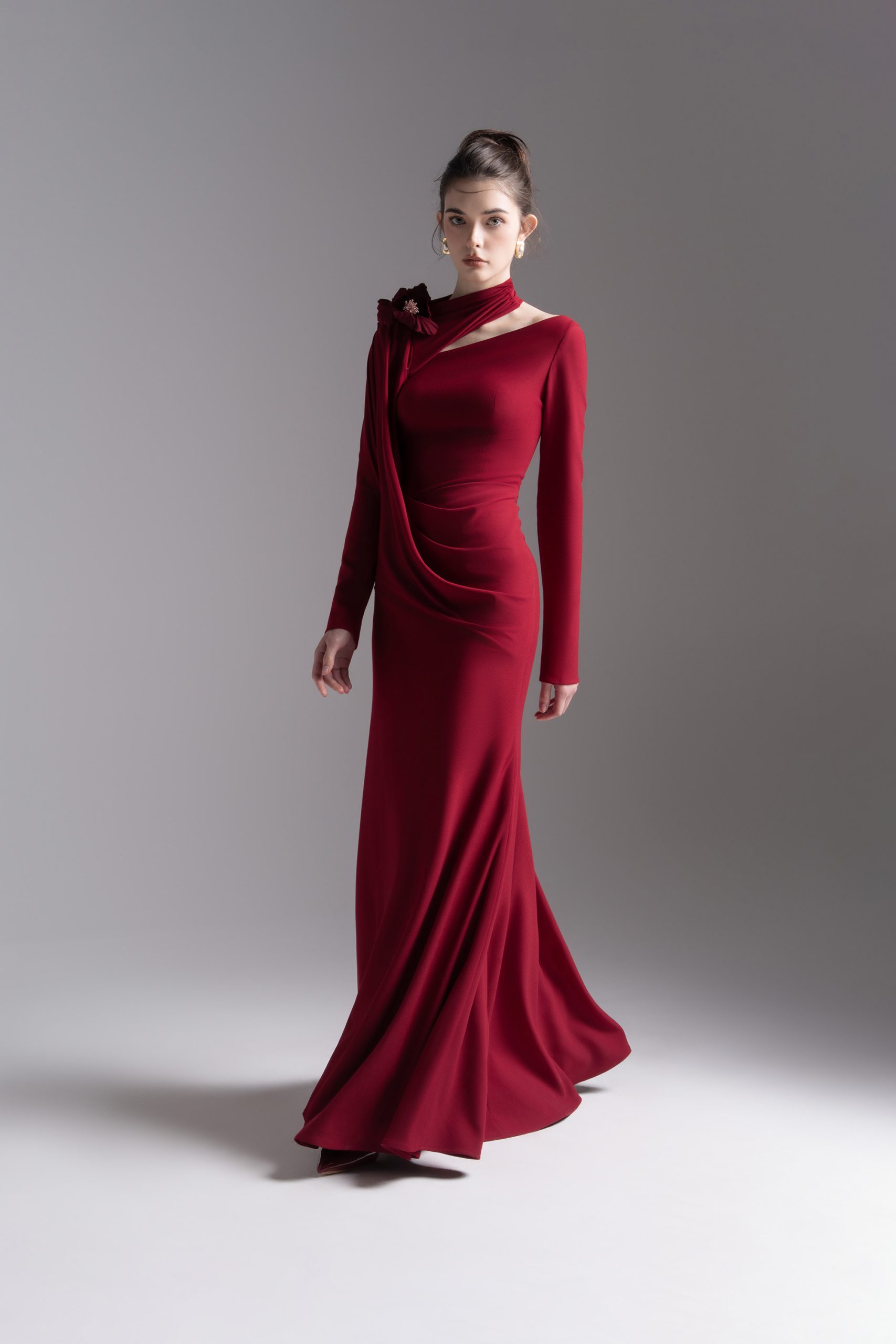 Bloom Asymmetry Dress in Dark Ruby - Image 4