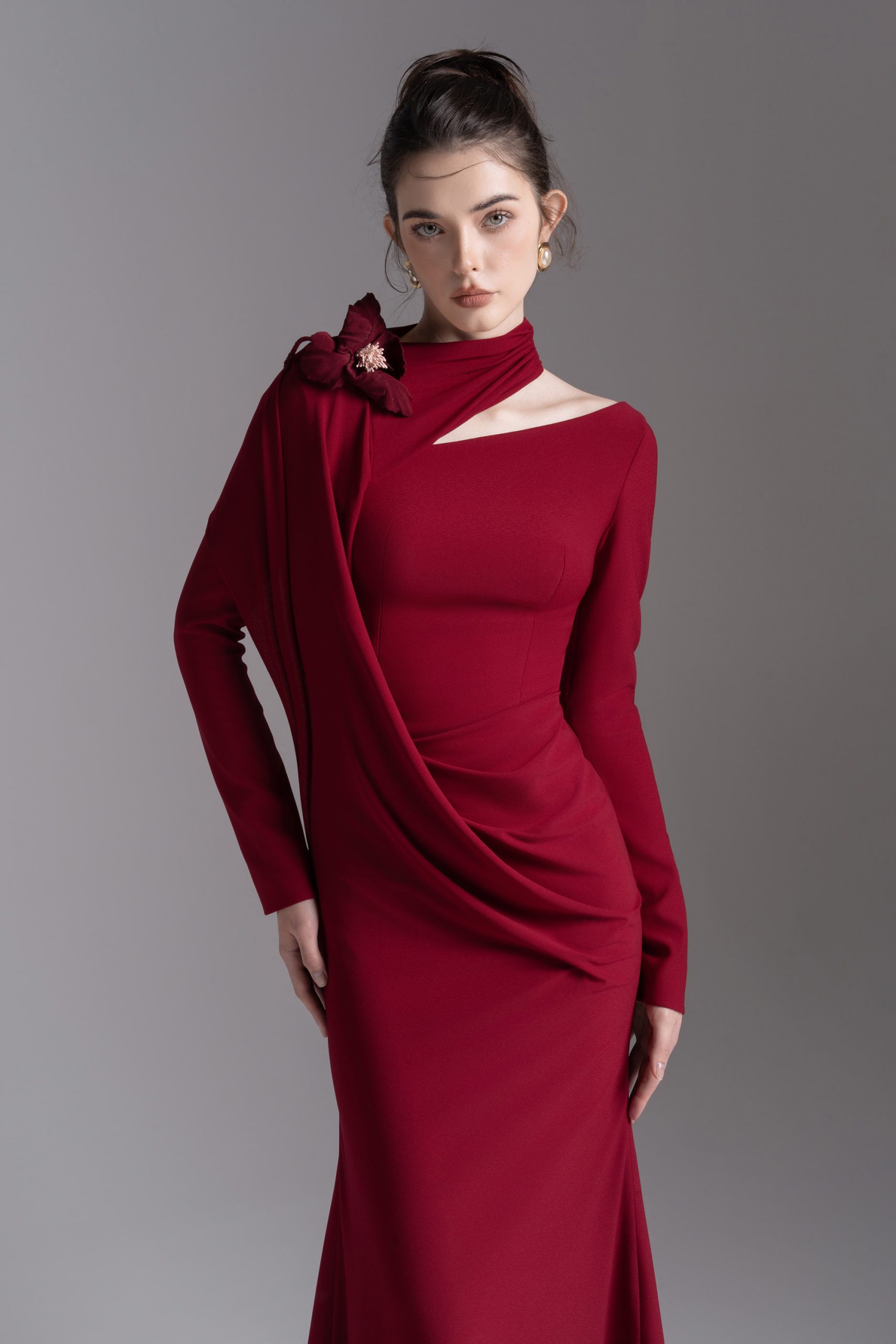Bloom Asymmetry Dress in Dark Ruby - Image 8