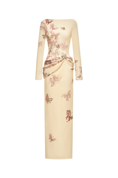 Butterfly Veil Pencil Dress in Almond Oil