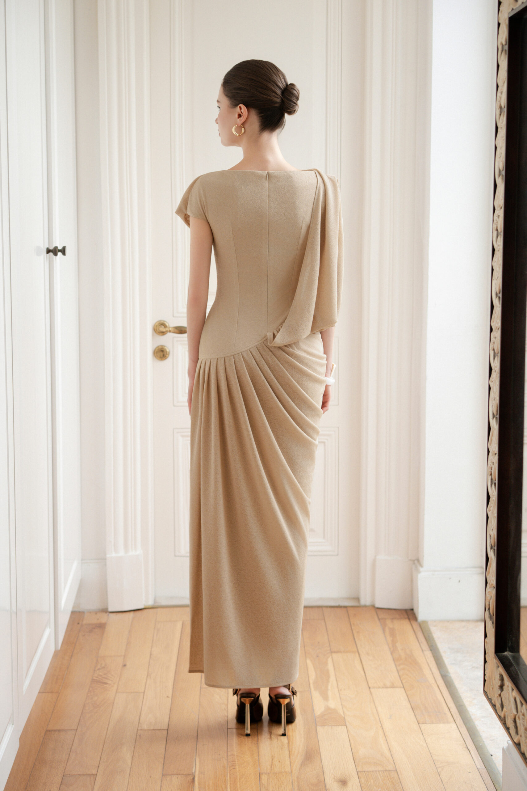 Asymmetric Draped Corset Dress in Bleached Sand - Image 4